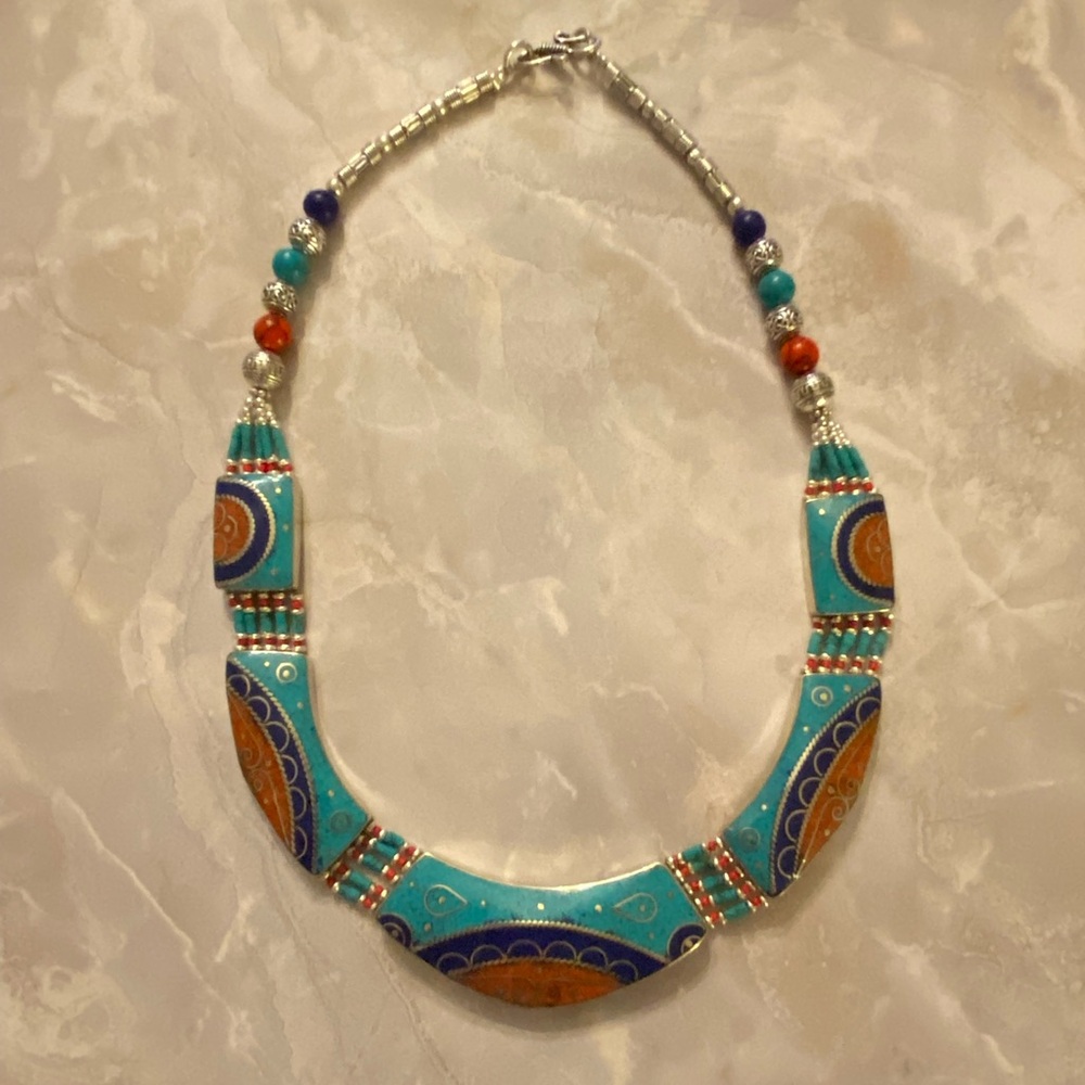 Artisan Made in Nepal Southwest Style Necklace Composite Turquoise Coral Lapis